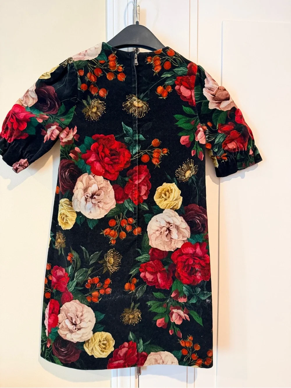 Dolce & Gabbana Black Velvet Floral Dress with Multicolor Rose Motif Size 7/8